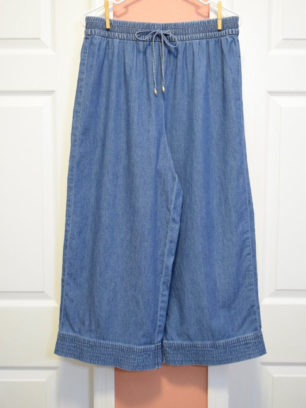 NEW MICHAEL KORS CHAMBRAY CROPPED WIDE LEG PULL ON BLUE COTTON PANTS - Picture 2 of 11